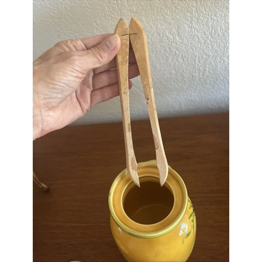 Olive Jar Pot with Wood Tongs LOU PIGNATIER Made In France Ceramic Pottery Rare